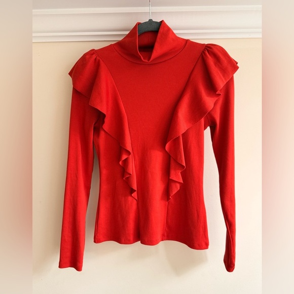 VERONICA BEARD Freida ruffled stretch-Pima cotton-jersey turtleneck top Sz XS - Picture 5 of 8